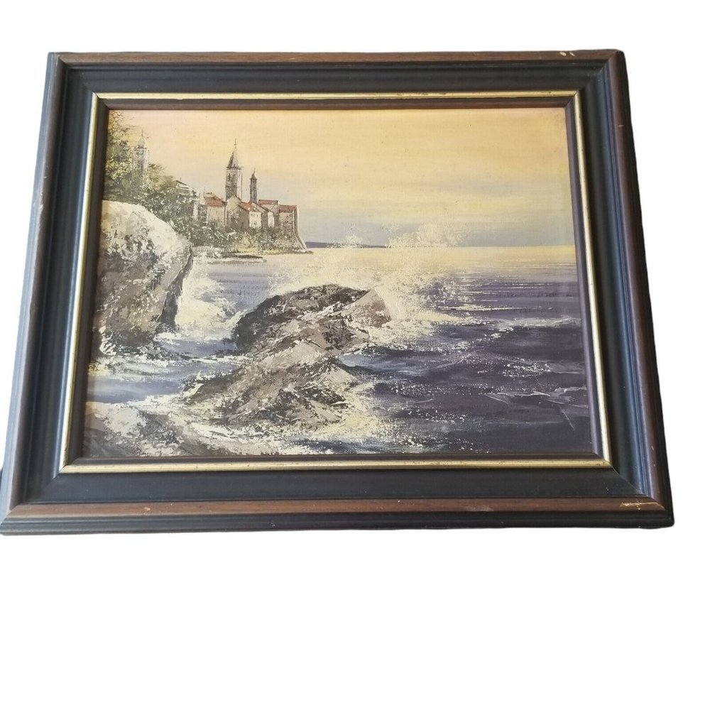 Vintage seascape coast hand painted oil PAINTING Canvas beach Waves Rocks Town